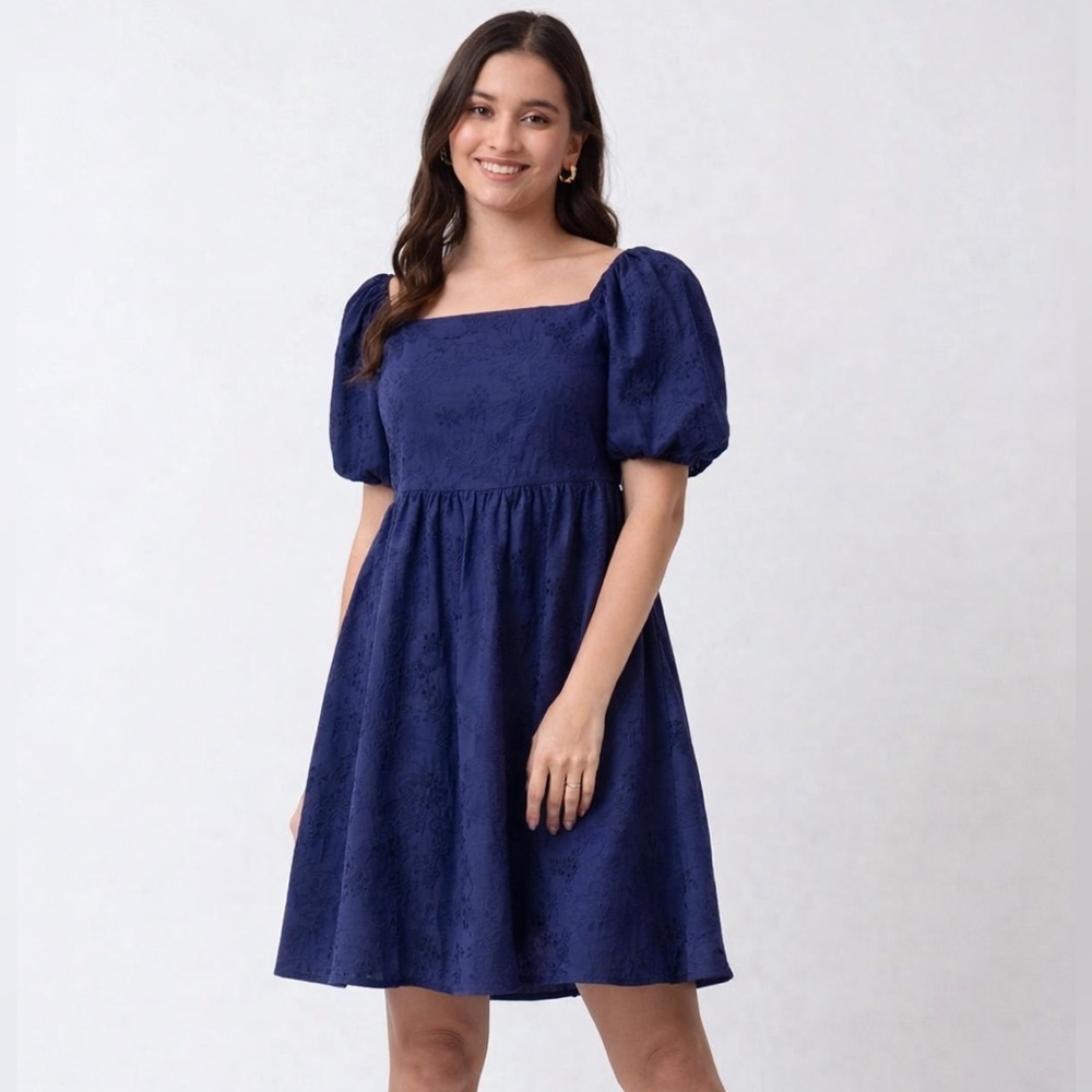 Inspired Hearts Navy Blue Satin Jacquard Puff Sleeve Mini Dress XL Smocked Back